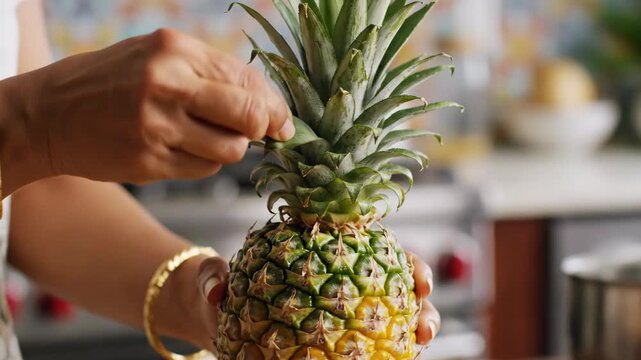 Person with gold bangles holding a whole pineapple in a kitchen setting
