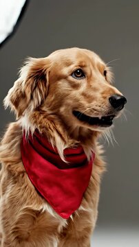 Golden Retriever Dog Wearing Red Bandana with Soft Studio Lighting and Gray Background