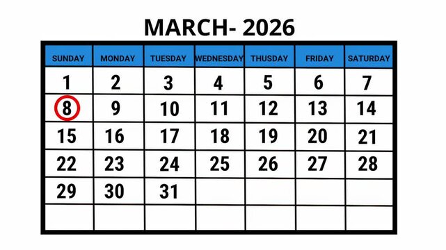 Looped animation of a calendar page highlighting March 8 with a red circle, symbolizing an important date, reminder, deadline, appointment, or special event. Concept of scheduling, planning, time mana