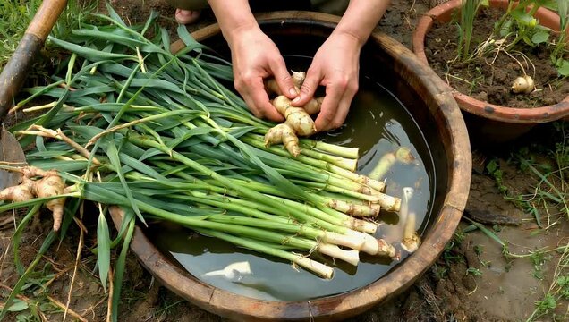 detailed 4K close up scene showing freshly harvested ginger being washed carefully while stems are removed highlighting natural textures earthy colors and calming rhythm of home style gardening