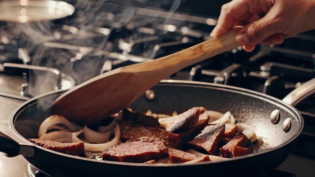 Immersive 4K footage sizzling meat onions caramelizing hot pan capturing mouthwatering textures steam aroma cooking ideal food commercials culinary lifestyle visuals