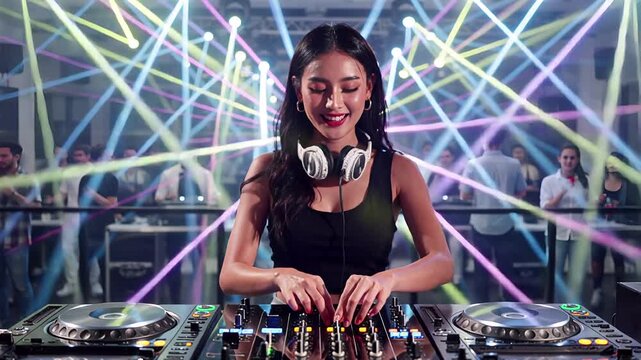 asian female dj mixing electronic music at vibrant nightclub party | music, nightlife, entertainment, party, performance theme