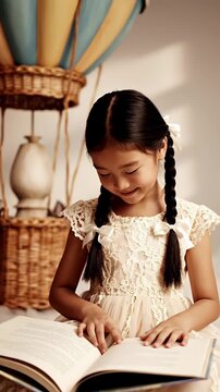 Joyful Young Asian Girl With Braids Wearing A Cream Lace Dress Reading An Open Book Near A Vintage Hot Air Balloon With