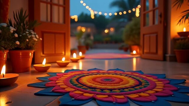 High contrast photo ornate rangoli encircling glowing diyas shimmering garlands behind capturing Diwali&rsquo;s warmth colour razor sharp background festival happy indian traditional vector decoration