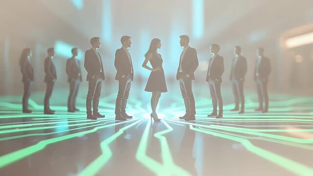 Diverse executive team stands holographic circuitry floor glowing network lines illustrating digital synergy forward thinking corporate concept rendered pristine