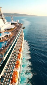 Large Passenger Cruise Ship Sailing Through Blue Ocean Waters During Golden Hour with Swimming Pools Visible on Deck