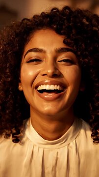 Joyful Young Woman With Curly Hair Laughing Outdoors In Soft Sunlight Wearing A Silky White Blouse