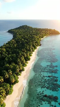 Lush Green Island Paradise with White Sand Beach Turquoise Water and Coral Reefs at Golden Hour