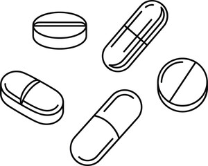 Medicine Pill and Capsule Line Icon Set Vector Illustration, Pharmaceutical Tablet Symbols Isolated on White Background, Healthcare Outline Design Collection