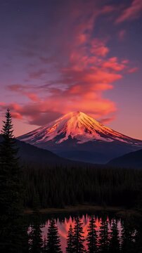 Majestic Snow Capped Mountain Peak Illuminated by Golden Sunset Hues Under a Vibrant Pink and Purple Cloudy Sky