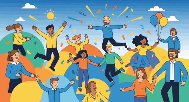 A vibrant cartoon illustration of a diverse business team and community finding joy and togetherness while dancing in a crowded nightclub