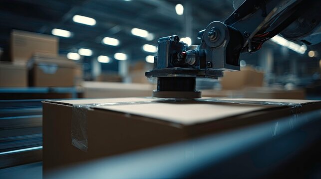 Automated robotic arm handles boxes in factory
