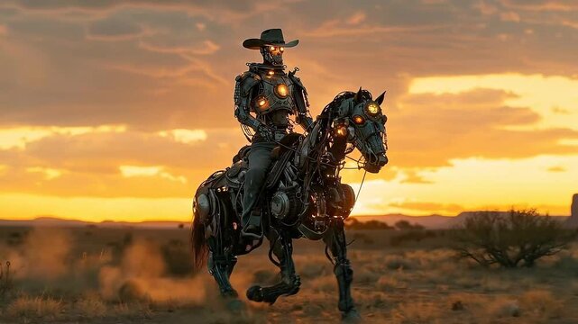 Steampunk Robot Cowboy Riding Mechanical Horse at Sunset in Desert Landscape.