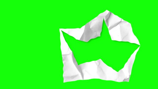 Crumpled white paper unfold transition on green screen background