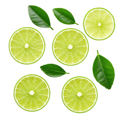Four vibrant lime slices with juicy pulp and green leaves, artfully arranged on a transparent background with copy space, macro, top-down, clean & refreshing citrus concept