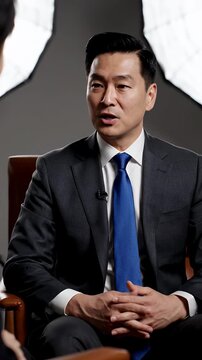Professional Asian Man in Dark Suit and Blue Tie Speaking During Interview with Soft Studio Lighting and Shallow Depth