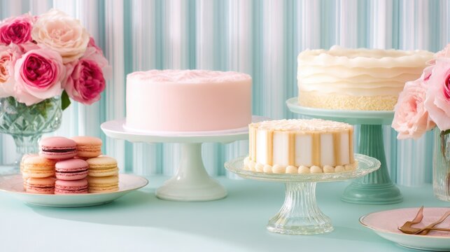 A beautifully arranged display of pastel cakes and macarons, complemented by pink roses