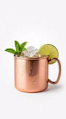 metal Mojito cocktail with lime and mint in copper mug on white background