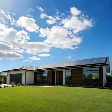 Modern Residential House with Rooftop Solar Panels and Green Lawn under Blue Sky