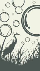 Naklejka premium Graceful Heron Amidst Bubbles and Reeds Serene Nature Scene.