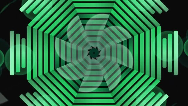 Abstract Green Octagon Tunnel Loop with Pulsating Bars and Rotating Elements.