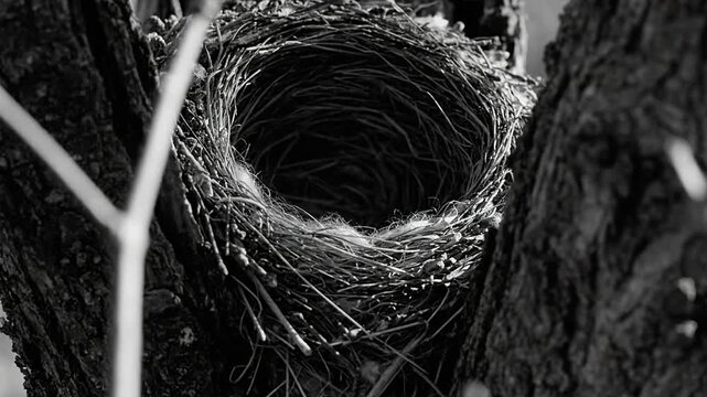A bird's nest situated on a branch within the trunk of a tree, viewed from below, showcasing intricate twig arrangements