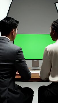 Two Diverse Business Professionals Collaborate Around a Computer with a Green Screen in a Modern Office Setting During