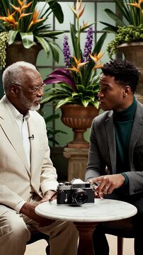 Two men of different ages discussing a vintage camera in a lush botanical garden setting natural lighting illuminates