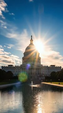 United States Capitol Building Illuminated at Dusk with Dramatic Purple and Orange Sunset Sky and Reflecting Pool