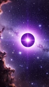 Vibrant Purple Nebula Surrounds a Bright Starry Expanse with a Glowing Celestial Orb in Deep Space