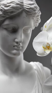 White Marble Bust Sculpture of a Woman with Delicate White Orchids in Soft Studio Lighting
