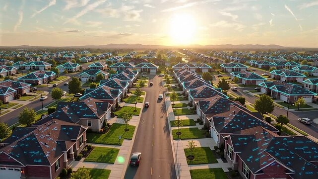 suburban sunset neighborhood holographic rooftop network aerial view | community, technology, future, residential, environment theme