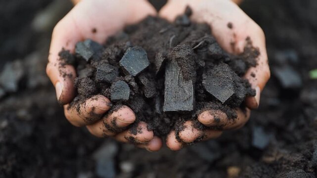 Hands holding biochar for sustainable farm waste management