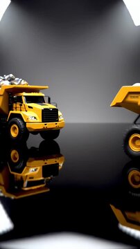 Yellow Mining Dump Truck Loaded With Rocks and Reflecting on a Glossy Black Surface Under Studio Lighting