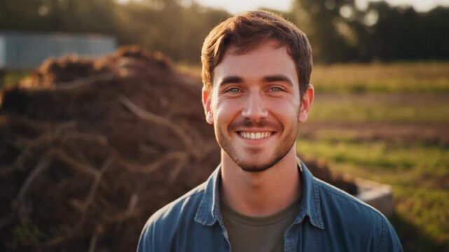 Smiling farmer standing in front of compost pile at sunset, representing sustainable farm waste management.