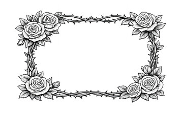 Rose frame with thorns border drawing, vintage floral decorative element, black and white gothic style illustration