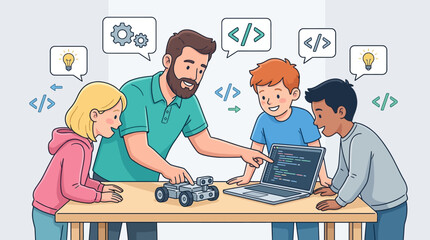 Diverse Kids Learning Coding and Robotics with a Mentor in a Fun STEM Education Environment © DC