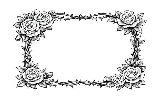 Rose frame with thorns border drawing, vintage floral decorative element, black and white gothic style illustration