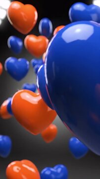 Abstract 3D Render of Floating Orange and Blue Hearts Against a Dark Textured Background with Soft Lighting
