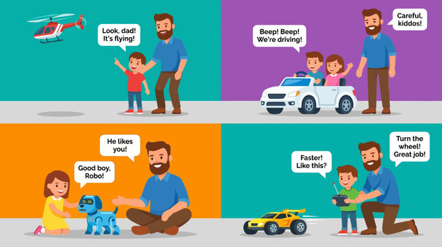 Dad and Kids Fun with Toys: Remote Control Helicopter, Electric Car, Robot Dog, RC Car - Happy Childhood Moments
