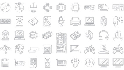 Collection of grayscale outline icons for UI design and digital interfaces.