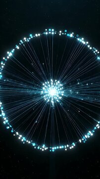 Abstract Digital Sphere of Blue and White Particles Radiating Light in Dark Space with Subtle Stars