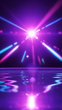 Abstract Neon Light Tunnel with Purple and Blue Streaks Reflecting on Water Surface