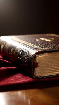 Antique Leather Bound Book with Gold Gilded Edges on Burgundy Velvet Under Spotlight Illumination
