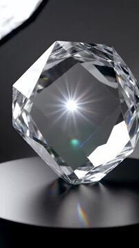 Brilliant Clear Crystal Faceted Gemstone Displayed on Black Pedestal Studio Lighting Rainbow Refractions