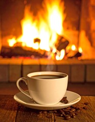A warm cup of coffee on a saucer sits on a wooden table with scattered coffee beans in front of a crackling fireplace