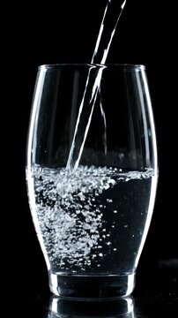 Clear Water Being Poured Into A Tall Glass Creating Bubbles And Splashes Against A Dark Black Studio Background With