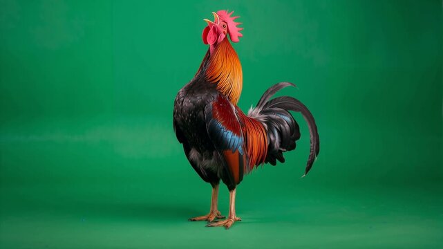 Colorful rooster crowing on a green screen background