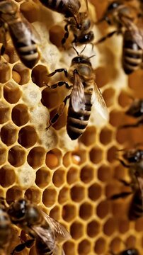 Close Up Macro Shot Of Honey Bees Working On A Honeycomb In A Hive With Warm Natural Lighting