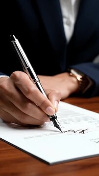 Close-up of Businesswoman signing document with fountain pen in elegant dark blue suit and wristwatch, professional